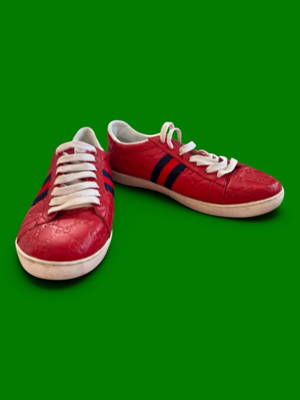 Gucci Ace Web GG Monogram Low Top Sneakers Red Leather US 11 EU 44 Pre Owned - Picture 2 of 10